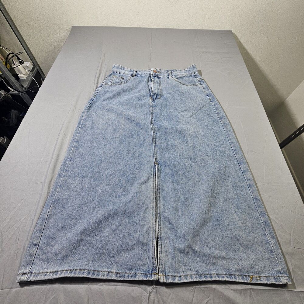 Lovito light-wash denim maxi skirt featuring a high-waisted fit and a prominent